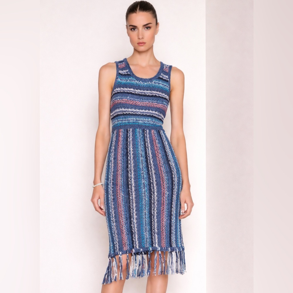 NWT DEREK LAM 10 Crosby Fringe Knit Midi Dress L (Fits M/L) Denim Stripe
